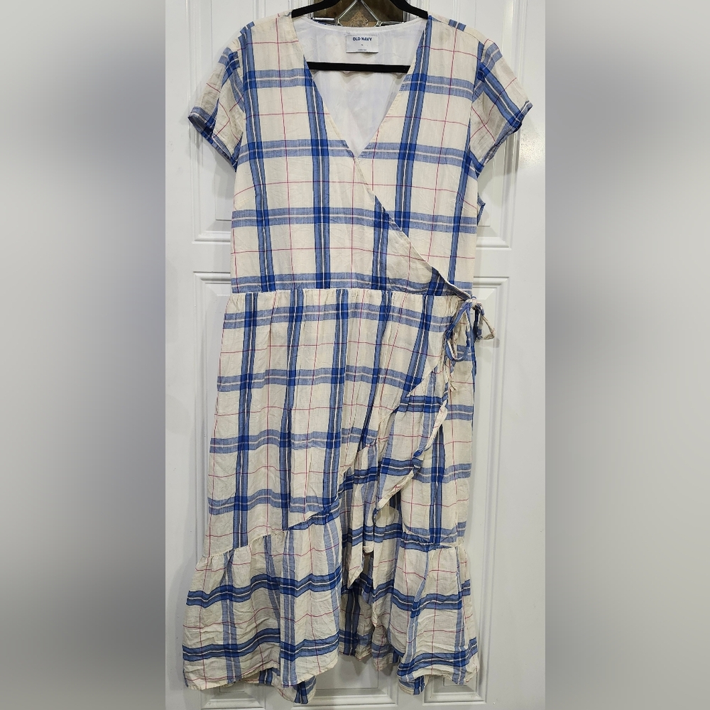 Old Navy Cream Blue & Red Plaid Faux Wrap Dress Women's Size XL